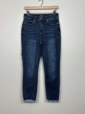 Judy Blue Jeans Womens 28 Blue Skinny Fit Dark Wash Whiskered Raw Hem Denim